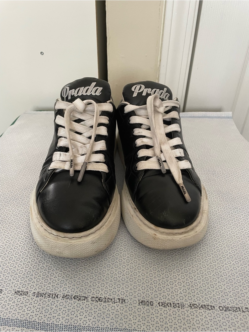 Prada Black Leather Sneakers with White Laces